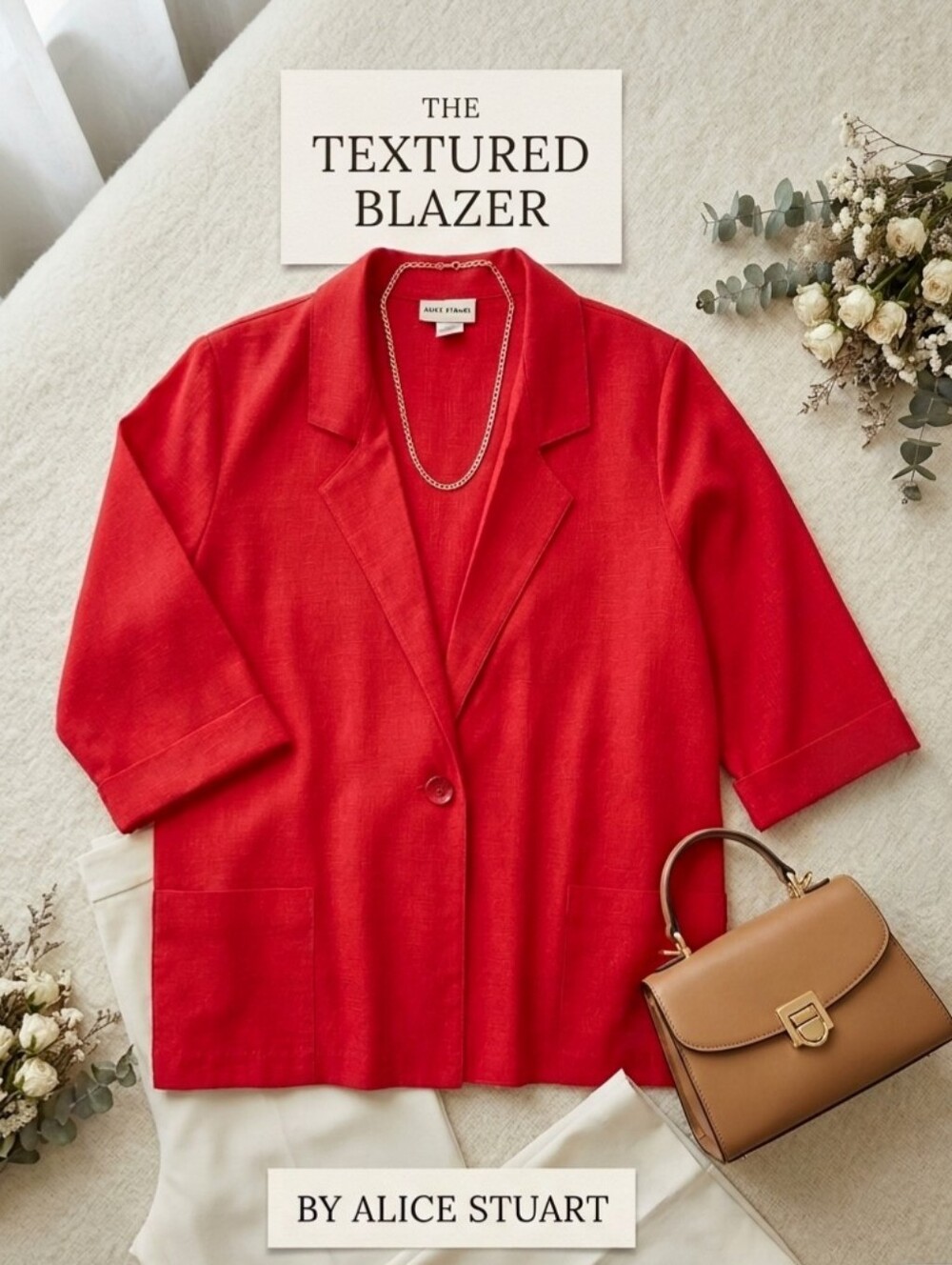 Alice Stuart VTG 80's 90's Red Blazer Jacket 3/4 Sleeve One Button Oversize L